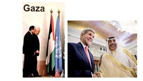الشيخ صباح الخالد وزير الخارجية الكويتي يصافح نظيره الأمريكي جون كيري قبيل بدء مؤتمر «إعمار غزة» أمس (أ.ب) - الرئيسان المصري والفلسطيني خلال افتتاح مؤ