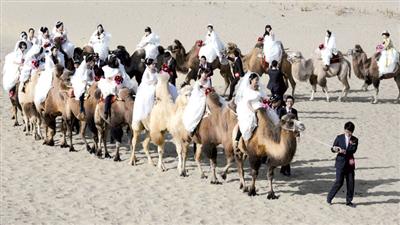 معرسون جدد يقودون خطام جمال تحمل زوجاتهم في عرس جماعي ضم 22 زوجاً أقيم في منطقة سياحية في الصين (رويترز)