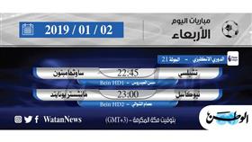 أبرز المباريات العالمية ليوم الأربعاء 2 يناير 2019 أبرز المباريات العالمية ليوم الأربعاء 2 يناير 2019