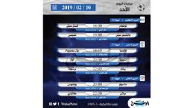 أبرز المباريات العالمية ليوم الأحد 10 فبراير 2019 أبرز المباريات العالمية ليوم الأحد 10 فبراير 2019