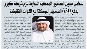 المحامي حسين العصفور: المحكمة التجارية تلزم شركة كبرى بدفع 630 ألف دينار لموكلنا مع الفوائد القانونية