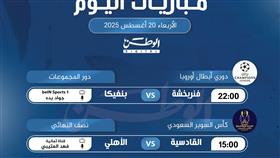 أبرز المباريات العربية والعالمية ليوم الأربعاء 20 أغسطس 2025
