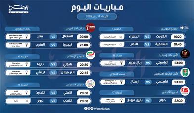 أبرز المباريات العالمية ليوم الأربعاء 14 يناير 2026